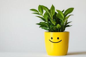 A yellow smiley face plant in a pot on a white background photo