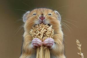 A hamster eating some wheat in the wild photo