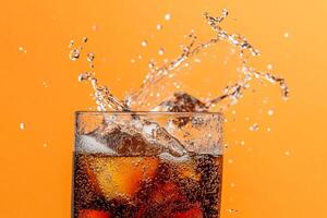 A glass of cola with ice and water splashing photo