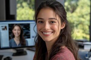 A woman smiling in front of a computer screen photo