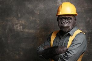 A gorilla wearing a hard hat and a yellow vest photo