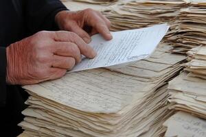 A man is holding a piece of paper in front of a pile of old documents photo