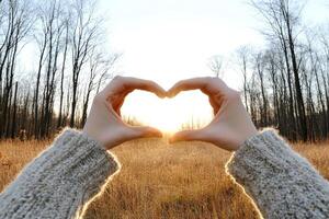 A person making a heart shape with their hands in a field photo