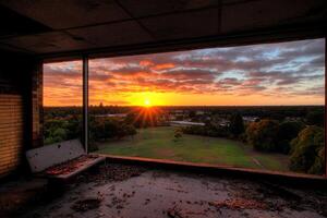 A view of the sunset from inside an abandoned building photo