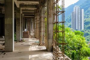 A view of a construction site with a view of the mountains photo