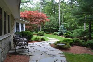 A stone walkway in a yard photo