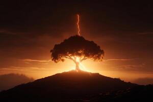 A tree on top of a hill with a lightning bolt coming out of it photo