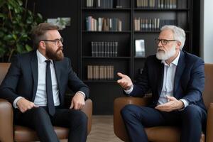 Two men in suits sitting in chairs talking photo