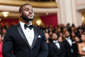 A man in a tuxedo standing in front of a crowd photo