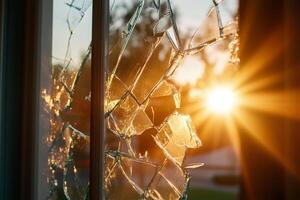 Broken window with sun shining through it photo