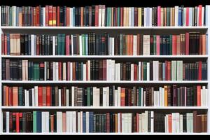 A large white bookcase with many different books photo