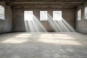 An empty room with sunlight streaming through the windows photo