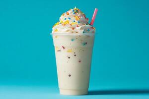 A milkshake with sprinkles and a straw photo