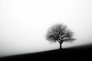 A lone tree stands on a hill in the fog photo