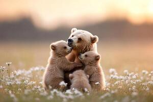 A mother bear and her cubs are in a field photo