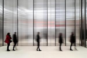 People walking in an empty room with glass walls photo