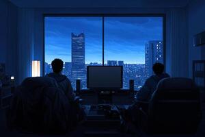Two men sitting in front of a large window photo