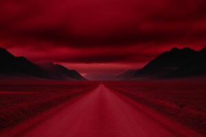 A red road in the middle of a desert with mountains in the background photo