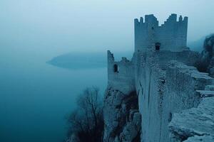 A castle on the edge of a cliff overlooking the ocean photo