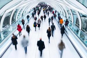 A group of people walking down an escalator photo