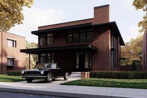 A rendering of a modern brick home with a car parked in front photo