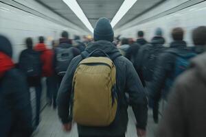 A man with a backpack is walking through a subway photo