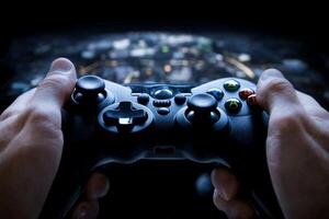 A person holding a game controller in front of a city photo