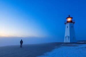 A person standing in front of a lighthouse at sunrise photo
