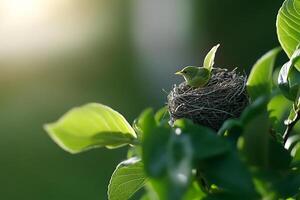A bird is sitting in a nest on a tree photo
