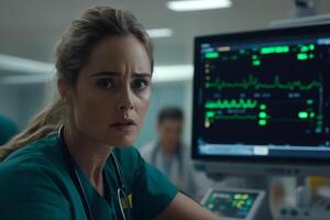 A woman in a green scrub top is looking at a monitor photo