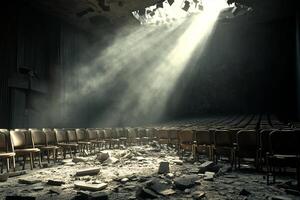 An empty auditorium with chairs and a broken window photo