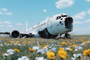 An airplane sits in a field of flowers photo