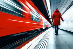A woman in a red coat is walking down a subway platform photo