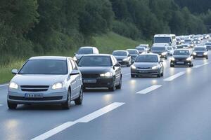 Cars driving on a highway with trees and bushes in the background photo