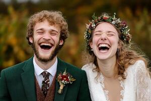 A bride and groom laughing together in a field photo