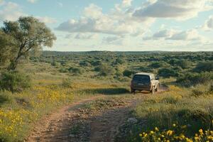 A car driving down a dirt road in the middle of a field photo