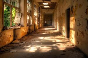 A long hallway with windows and a sun shining through photo