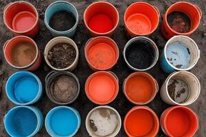 Colorful buckets of paint on a dirt surface photo