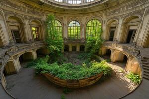An abandoned building with a circular staircase and green plants photo