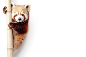 A red panda is peeking out from behind a bamboo pole photo