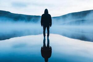 A person standing in the middle of a lake with fog photo