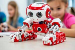A red and white robot is sitting on a table photo