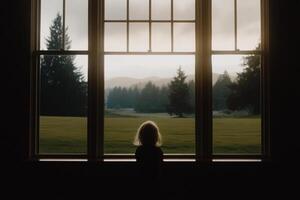 A little girl standing in front of a window looking out at a field photo
