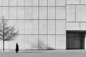 A person standing in front of a building with a tree photo