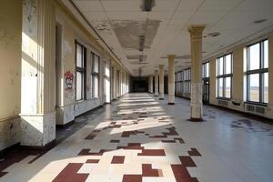 An empty hallway with tiled floors and windows photo