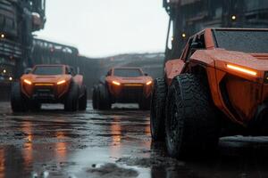 A group of orange vehicles in the rain photo