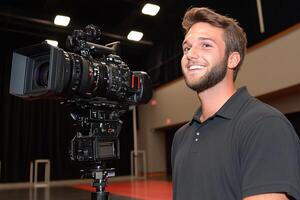 A man smiles while holding a camera in front of him photo