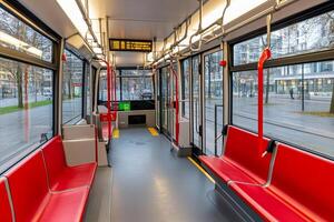 A bus with red seats and a window photo