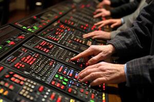 A man is using a computer to control the music photo