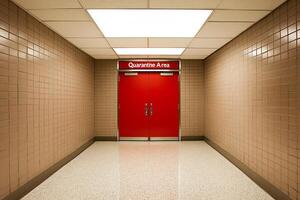 A hallway with a red door photo